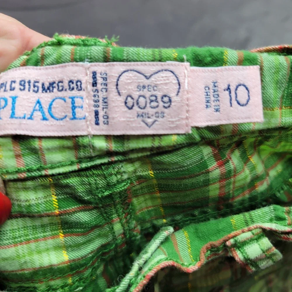 The Childrens Place Kids Green Plaid Cargo Pants‎ Metallic Adjustable Waist 10